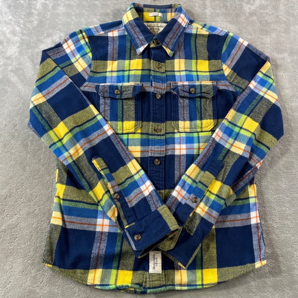 Abercrombie Fitch Flannel Shirt Mens Small Yellow Plaid Muscle Fit Preppy School
